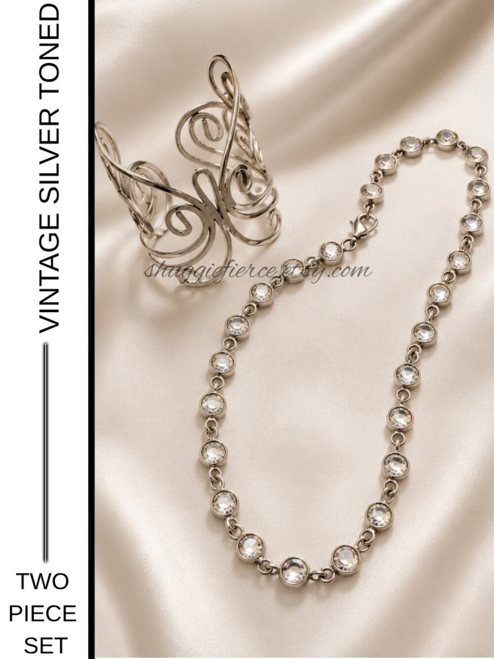 ✨ Vintage Silver-Tone Crystal Necklace & Butterfly Cuff Bracelet Set ✨QUICK SHIP